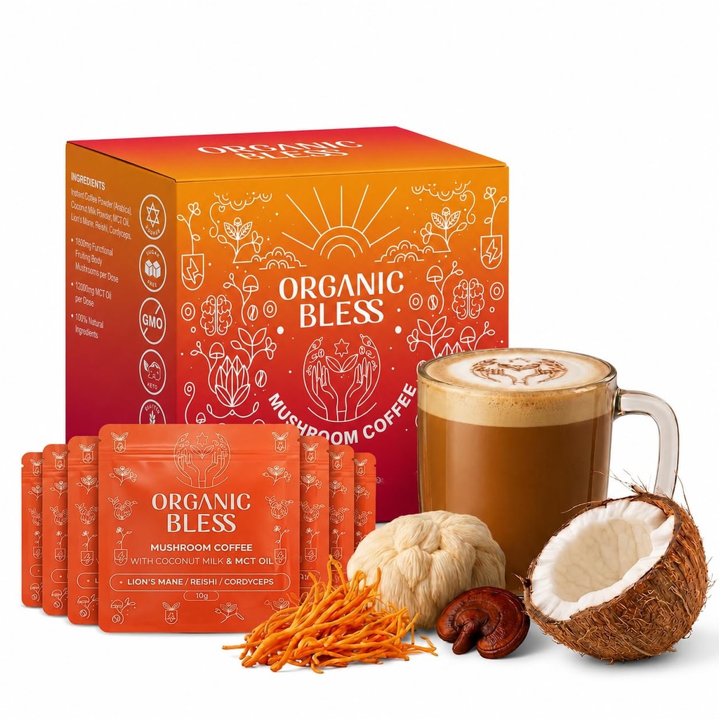 Organic Bless Instant Mushroom Coffee Sachets — 10-Count Travel Trial Pack | Lion's Mane, Reishi & Cordyceps Fruiting Body, Dual-Extracted | Coconut Milk + MCT Latte | 31mg Caffeine, No Crash