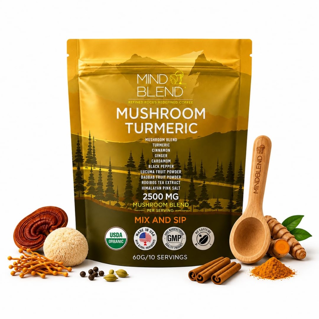 Mushroom Coffee with Turmeric, 10 Servings, Lion's Mane, Cordyceps and More, USDA Organic, Gluten Free, Vegan | Made in the USA | Adaptogens for Natural Energy, Gut Health, Mental Focus