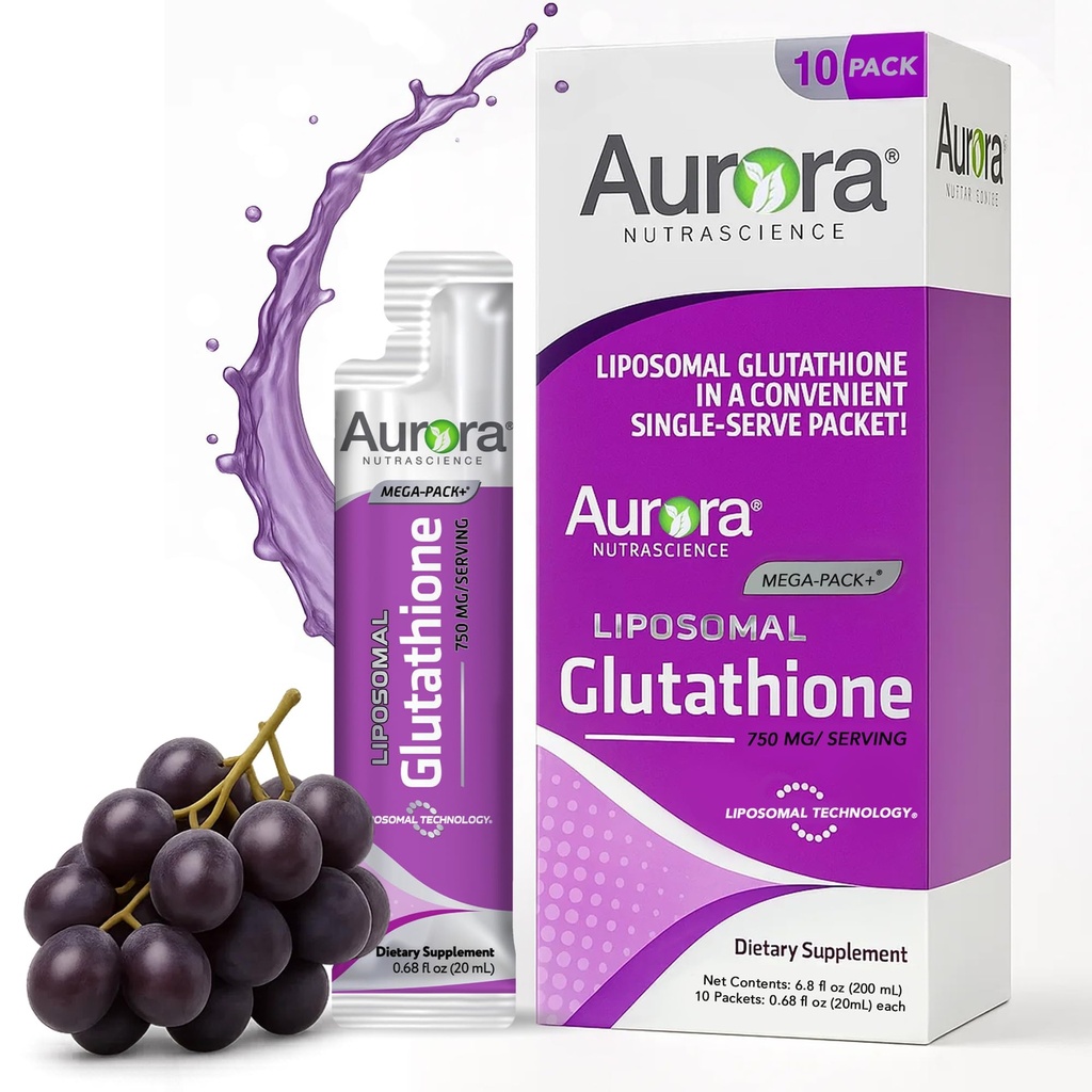 Aurora Nutrascience Glutathion liquide Mega-Liposomal, Immune et antioxydant Gut Supplément de soutien de santé, 750 mg par portion, non-OGM, sans sucre, 10 paquets de service unique