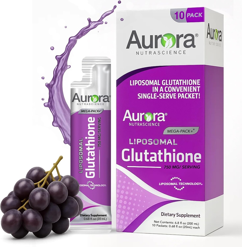 Aurora Nutrascience Glutathion liquide Mega-Liposomal, Immune et antioxydant Gut Supplément de soutien de santé, 750 mg par portion, non-OGM, sans sucre, 10 paquets de service unique