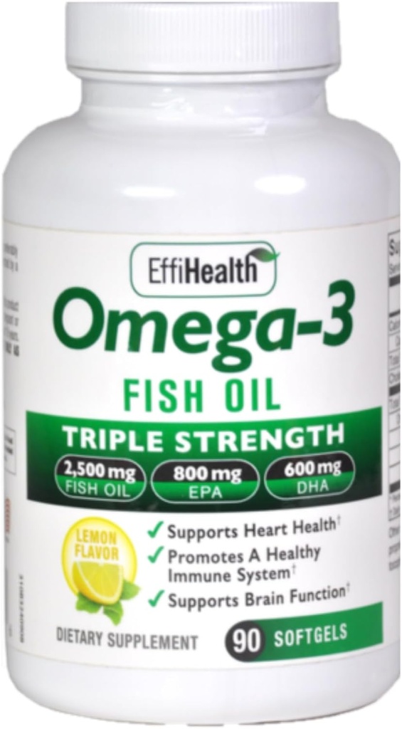 EffiHealth Omega-3 Huile de poisson - Triple Strength 2500mg Huile de poisson, 1200mg EPA, 600mg DHA - Soutien à la santé cardiaque, à la santé cérébrale et immunitaire – Saveur de citron, huile de poisson sans Burp