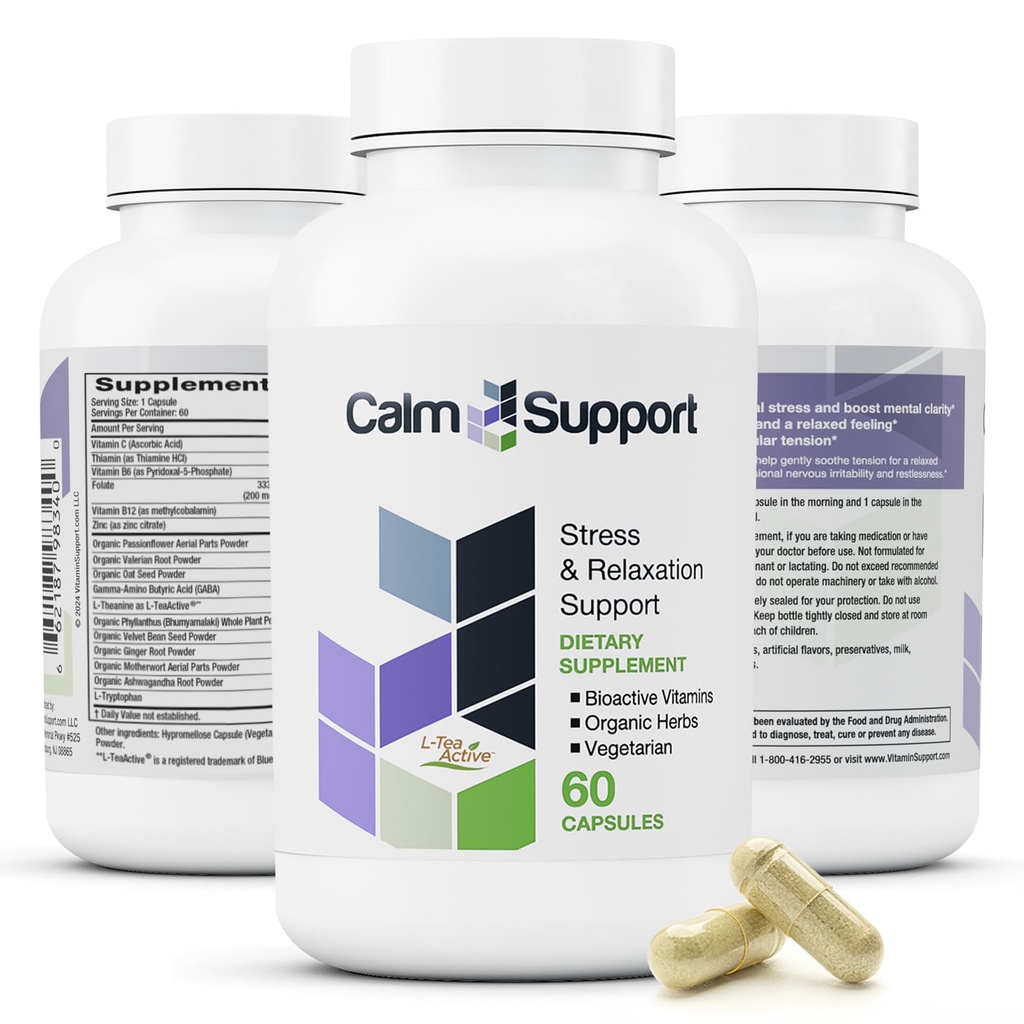 Soutien calm: Stress & Relaxation Support - Ashwagandha, Passion Flower, Valerian Root, Ginger, GABA, Velvet Bean, Motherwort, Graines d'avoine, Phyllanthus, L-Theanine, L-Tryptophane, Folate, C,B1,B6,B12,Zinc