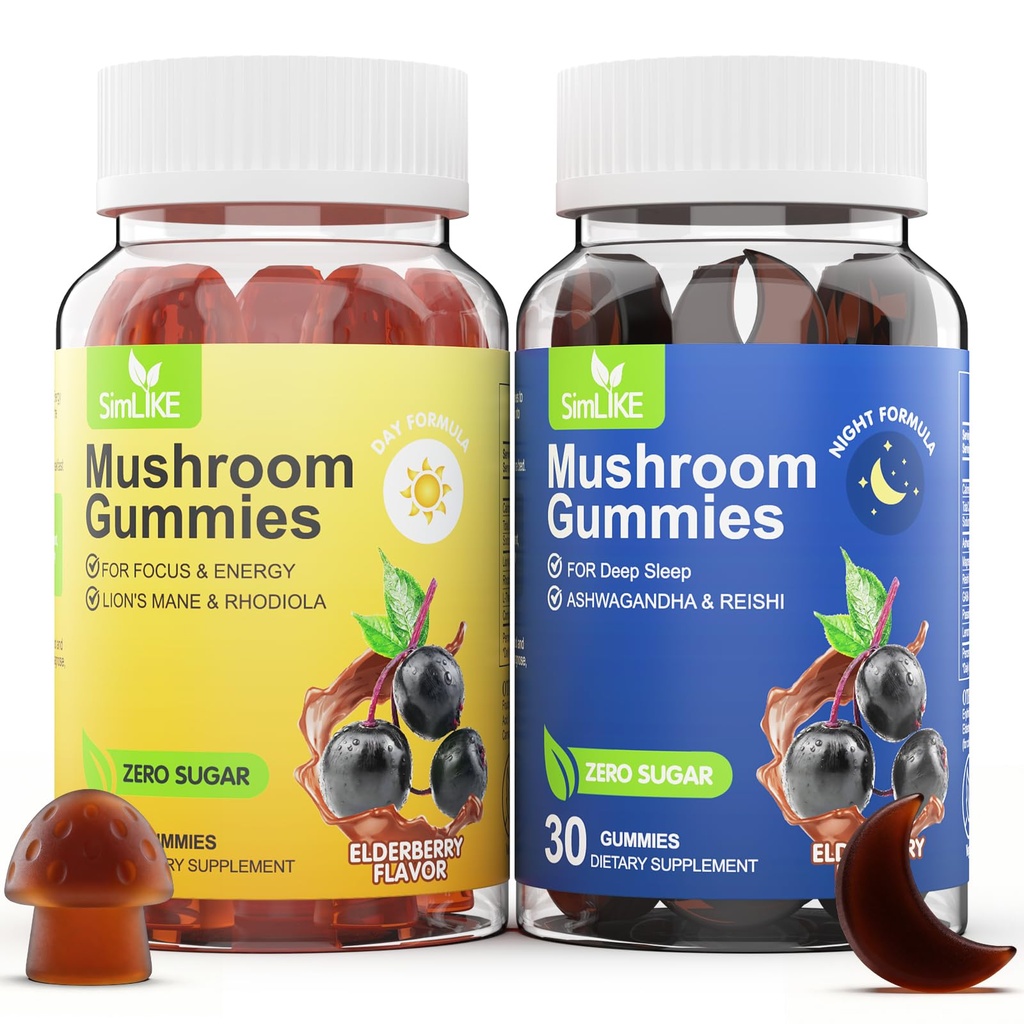Simlike Mushroom Gummies Supplement for Sleep and Energy with Ashwagandha & Lion's Mane, Day & Night Routine,Elderberry Flavor, No Sugar (30-Day Supply)