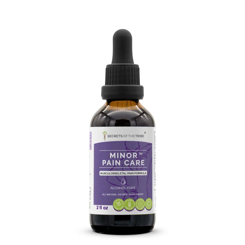 Secrets of the Tribe - Minor Pain Care, Herbal Supplement Blend Drops Alcohol-Free Liquid Extract, Musculoskeletal Pain Formula (2 fl oz)