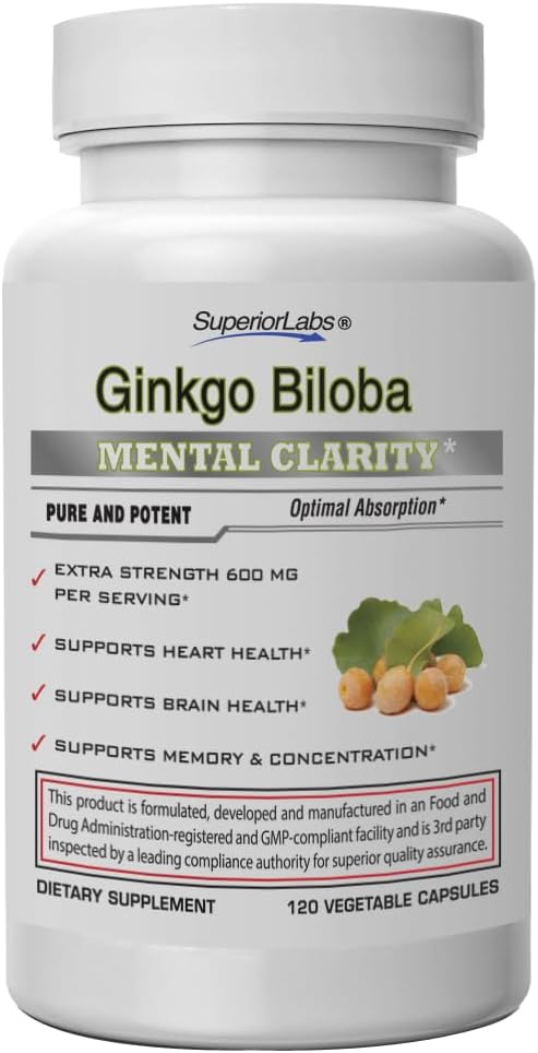 SuperiorLabs Ginkgo Biloba 1200 mg, non-OGM, poivre noir pour l'absorption accrue, extrait de ginkgo, améliore la mémoire et le focus, booster de circulation, naturel antioxydant nootrope, 120 capsules de légumes