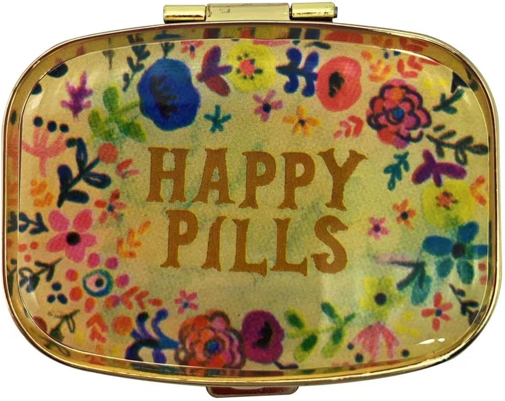 Happy Pills Pill Organizer Cute Metal Pill Case Travel Friendly Portable Compact Pill Box Pill Container to Hold Tylenol/Vitamines/Pish Oil/Supplements/Meds/Tablet for Purse/Pocket