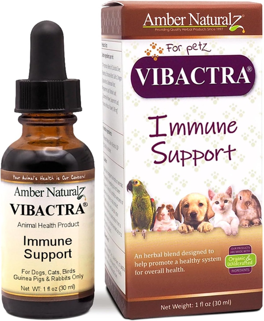Amber NaturalZ Vibractra Immune Support complément à base de plantes pour chiens, chats, oiseaux, cochons de Guinée, et lapins