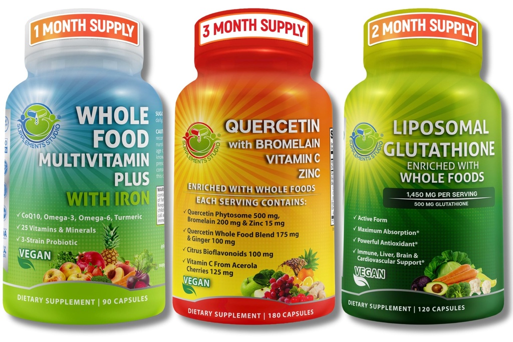 Immune & Body Whole Wellness Bundle – Quercetin avec Bromelain + Multivitamine d'aliments entiers avec Fer + Glutathion Liposomal 500mg – Antioxydant, Respirant & Immune Support – Vegan, Non-OGM