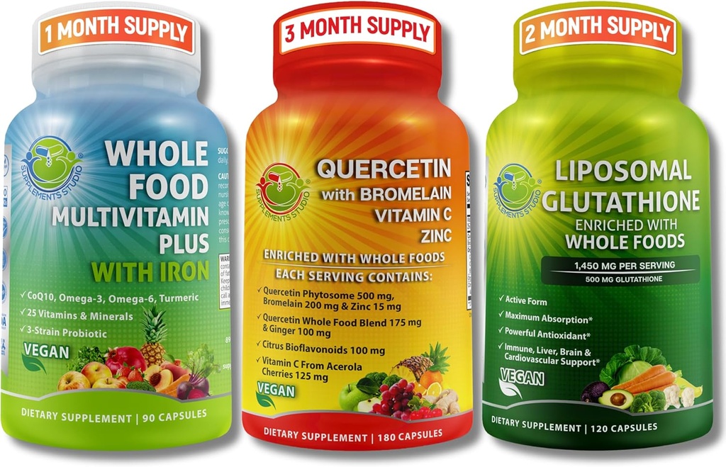 Immune & Body Whole Wellness Bundle – Quercetin avec Bromelain + Multivitamine d'aliments entiers avec Fer + Glutathion Liposomal 500mg – Antioxydant, Respirant & Immune Support – Vegan, Non-OGM