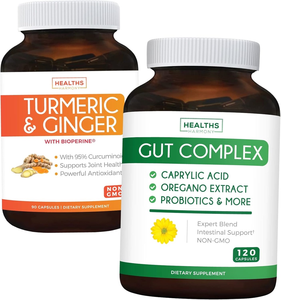 Économisez 11 $ (23% de rabais) - Gut Balance Bundle - Gut Complex with Caprylic Acid for Balanced Gut Health & Probiotic Support (120 Capsules) & Turmeric & Ginger with 95% Curcuminoids & Bioperine (90 Capsules)