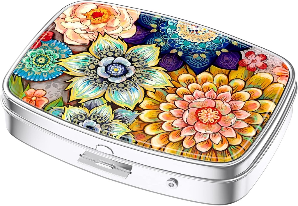 Nipichsha Pill Box, Small Pill Case for Purse & Pocket, Cute Travel Medicine Organizer, Portable Medicine Container Holder to Hold Vitamins, Medication, Fish Oil & Supplements, Mandala