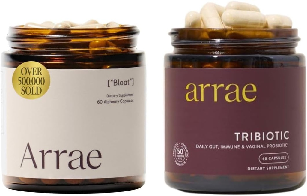 Arrae Bloat + Tribiotique Bundle, Bloating Relief Enzymes Digestifs, Gas & Indigestion Relief, Probiotiques pour les femmes, Soutien pour l'équilibre du pH vaginal, Immune et Santé Féminine, 60 Capsules Chaque
