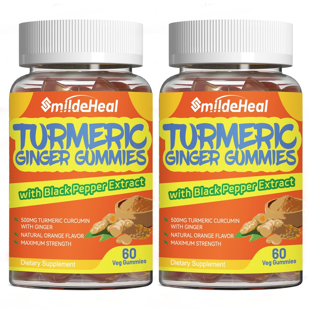 Gommies curcumin curcumin curcumin 500mg, avec extrait de racine curcuma, racine de gingembre, extrait de poivre noir, support antioxydant, gommies orange, 60 Nombre (paquet de 2)