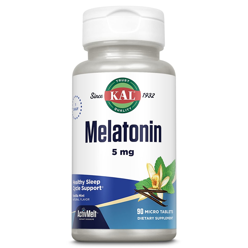 KAL Melatonin 5mg Sleep Aid, Melatonin Supplement Supports Calming Relaxation and a Healthy Sleep Cycle, Fast Dissolving ActivMelts, Natural Vanilla Mint Flavor, Vegetarian, 90 Serv, 90 Micro Tablets