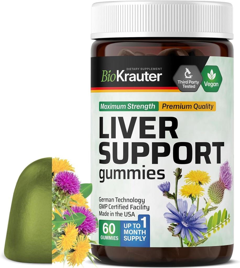 BIO KRAUTER Supplément foie Gommies - 60 Chews végétaliens avec/Thistle de lait, racine de dandelion pour le nettoyage du foie et de la désintoxication - 80% Silymarin