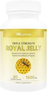 ML Naturals Royal Jelly 1500mg 60 capsules végétales, équivalent à 6% (27mg) 10-HDA. Congelé, sans gluten, certifié NSF et conforme aux GMPc