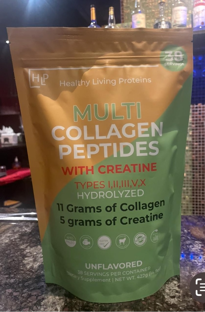 Healthy Living Proteins | Multi Hydrolyzed Collagen Peptides with (CREATINE) Type I, II, III, V, & X | Grass Fed Bovine, Wild Caught Marine, Free Range Chicken | Gluten Free (Unflavored 14.9 oz)