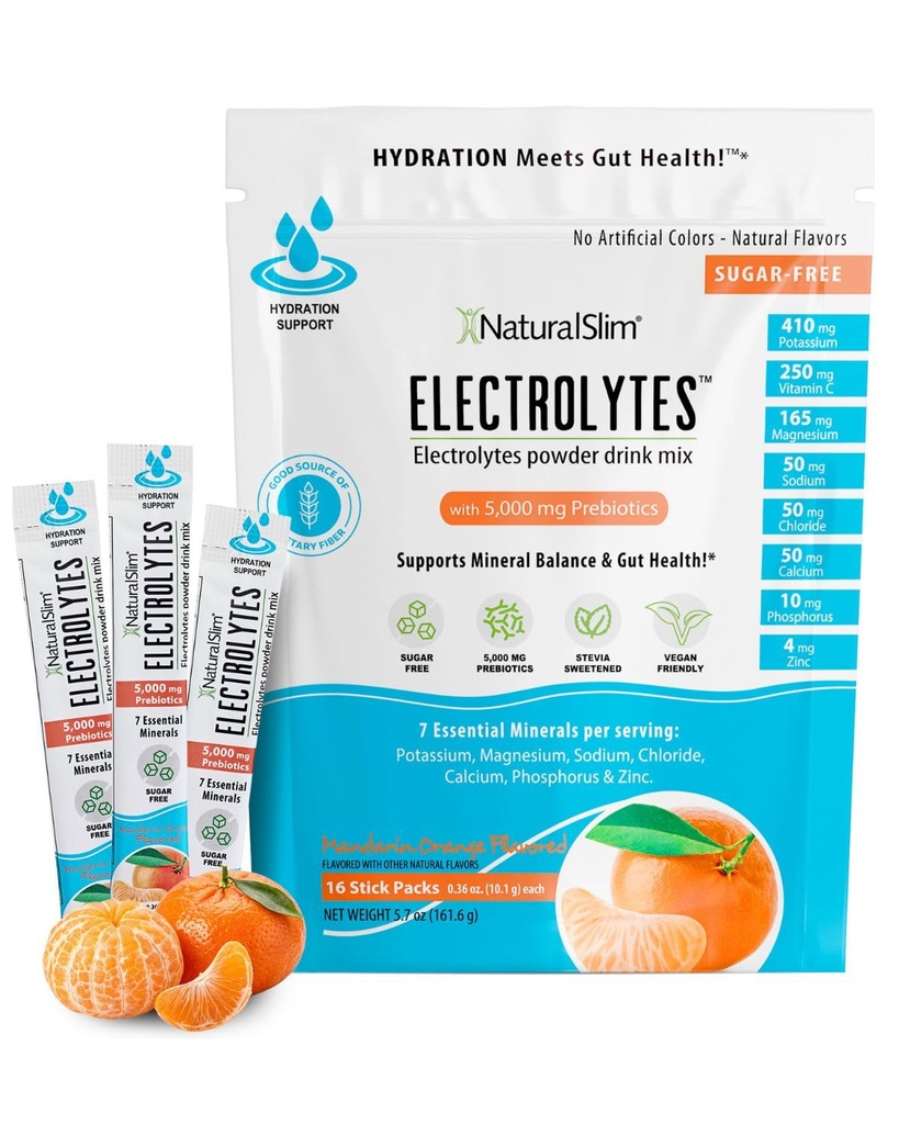 NaturalSlim Hydration & Energy Drink Mix with Prebiotics, Gut Health Support, Sugar-Free Electrolytes Powder Packets, 16 Stick Packs – Mandarin Orange