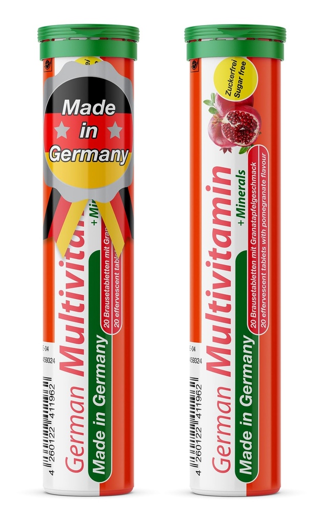 T&D German Multvitamin + Minerals 10 Vitamins 2 Minerals - 40 Vegan Drink Effervescent Tablets - Pomegranate Flavor - Made in Germany