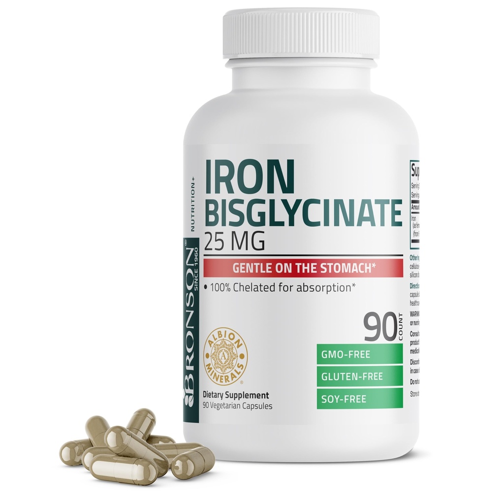 Bronson bisglycinate de fer 25 mg doux sur l'estomac, soutient l'énergie et la production saine de globules rouges - formule non constipante - non OGM, 90 capsules végétariennes