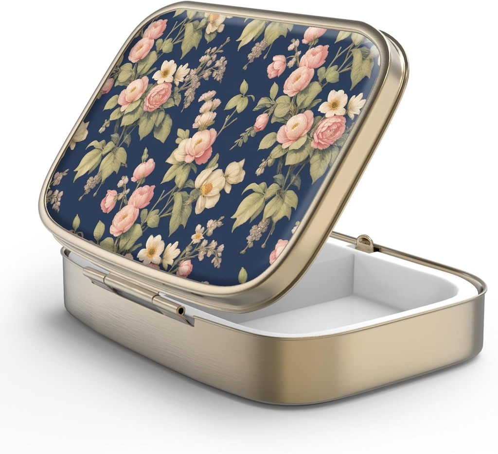 Pill Case Pill Box with Mirror Retro 2 Compartiment Petite Pill Case for Purse or Pocket Bronze Rectangulaire Pill Box or Vitamines, Huile de poisson, Suppléments, Pill Containe Travel Gifts(Retro Rose Floral)