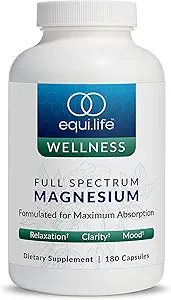 Equilife Supplément de magnésium à spectre complet, glycinate de magnésium, citrate et malate, mélange minéral biodisponible, laiterie, soja et sans gluten, végétalien, non OGM, 180 capsules