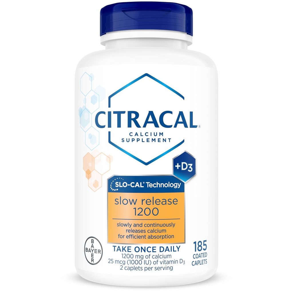 Citracale à libération lente - Calcium 1200 mg avec vitamine D3, Magnésium, supplément de calcium, os de soutien de santé, prendre une fois par jour Caplet, 185 Compte