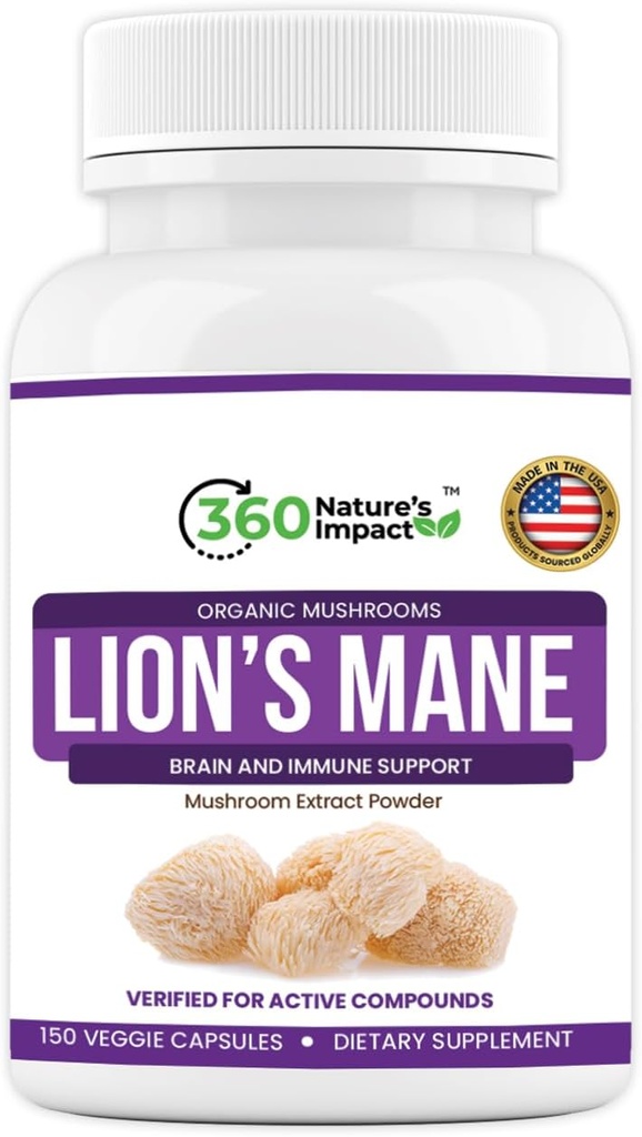 360 Lions Impact Lions Mane Mushroom Supplément Capsules (150 Capsules) pour supplément de soutien de la santé du cerveau, complément biologique avec bêta-glucanes et Hypromellose pour système cognitif