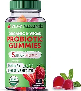 Végétalienne Yuve Gommies bio probiotiques USDA - 5 milliards UFC - Promotion de la santé et de l'immunité digestives - Aide à la constipation, au gonflement, à la désintoxication, à la fuite de Gut et de gaz - Naturel, non-OGM, sans gluten 30ct