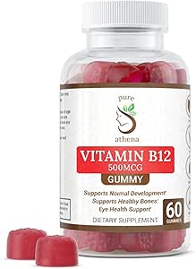 Vitamine B12 Gummy Energy Vitamines - Vitamine B12 Gummies pour adultes 1000mcg W/Sodium - Gummies énergétiques qui soutiennent la santé des os W/Immune Support - 60 Gummies aromatisés aux framboises