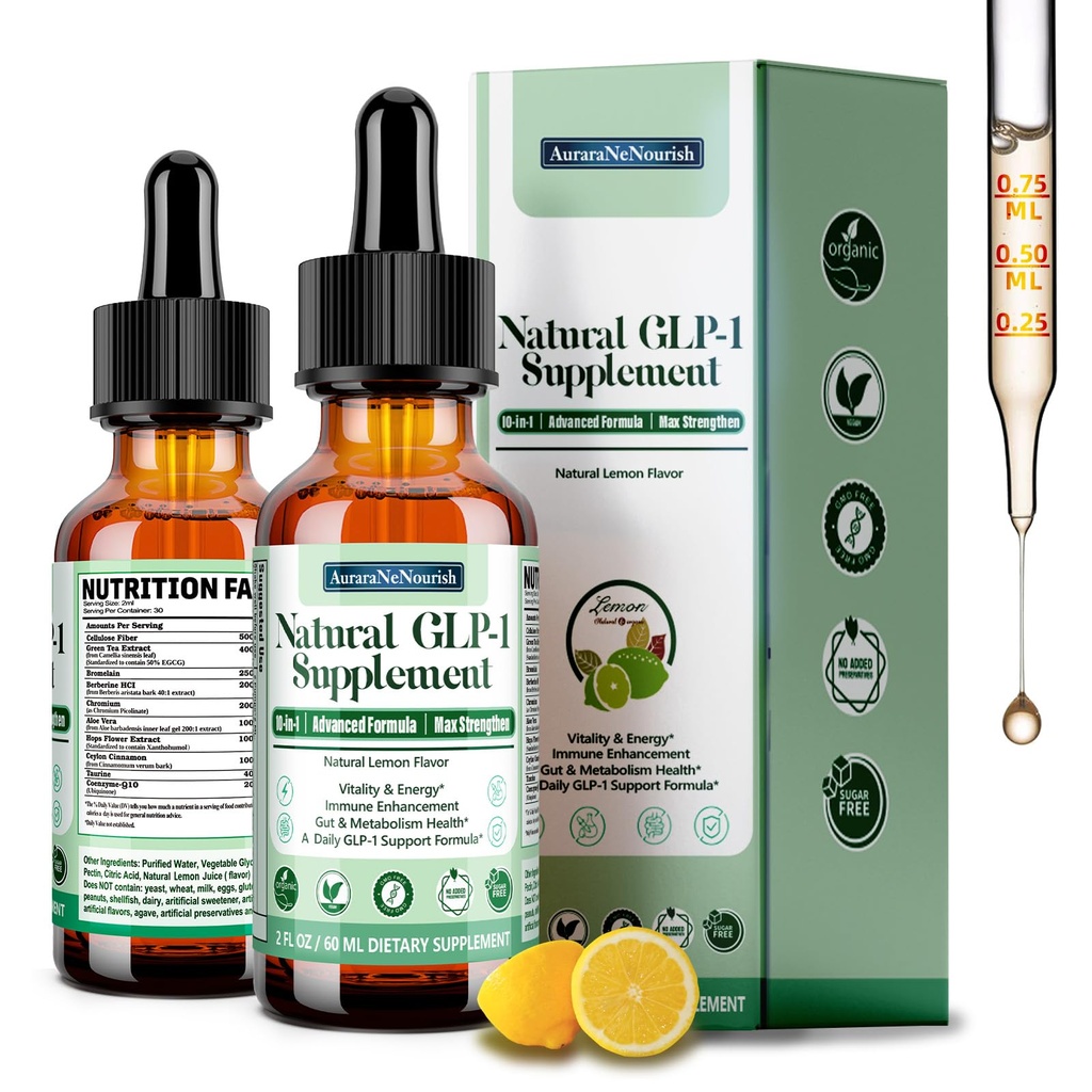 2 Pack GLP-1, GLP-1 Oral Solution Support with Berberine Ceylon Cinnamon Green Tea Chromium & Cellulose Fiber for Hunger & Metabolism, Gut Digestive Wellness, Natural GLP1 Daily Liquid Drops