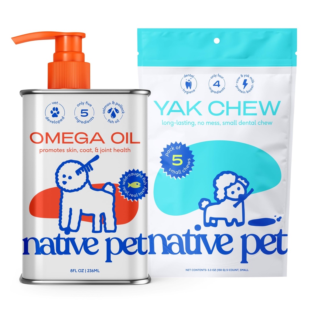 Huile d'Oméga pour chiens - Suppléments d'huile de poisson 8 Oz & 5 Petit Yak Chews pour chiens