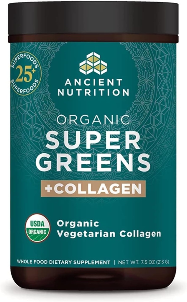 Alimentation ancienne Supergreens Poudre, Superaliment biologique en poudre avec collagène, faite de fruits réels, légumes et herbes, pour le soutien digestif et énergétique, 25 portions, 7,5 oz