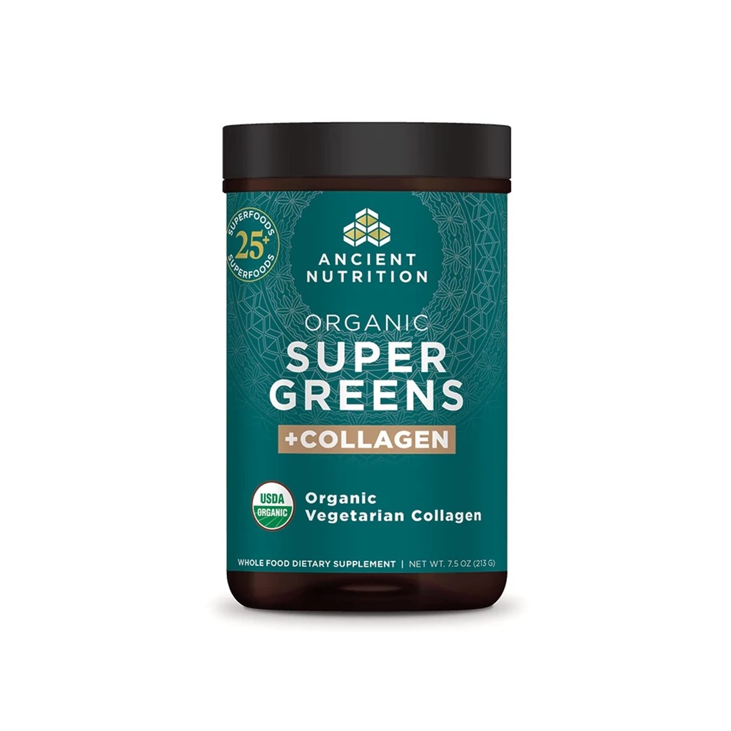 Alimentation ancienne Supergreens Poudre, Superaliment biologique en poudre avec collagène, faite de fruits réels, légumes et herbes, pour le soutien digestif et énergétique, 25 portions, 7,5 oz