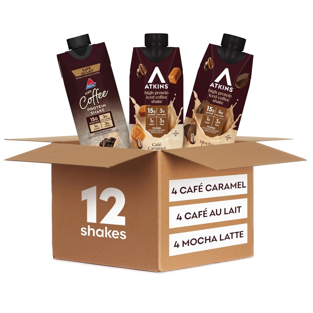Atkins Coffee Lovers Protein Shake Variety Pack, Mocha Latte, Café Caramel and Café au Lait Flavored Protein Shakes, 15g Protein, 3g Fiber, GLP-1 Friendly, 12 Count