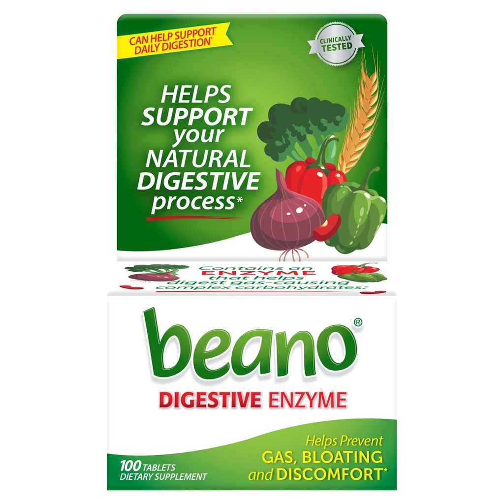 Enzyme digestive Beano, Relief préventif du gaz pour les adultes, aide à prévenir le gaz et le ballonnement, 100 comprimés