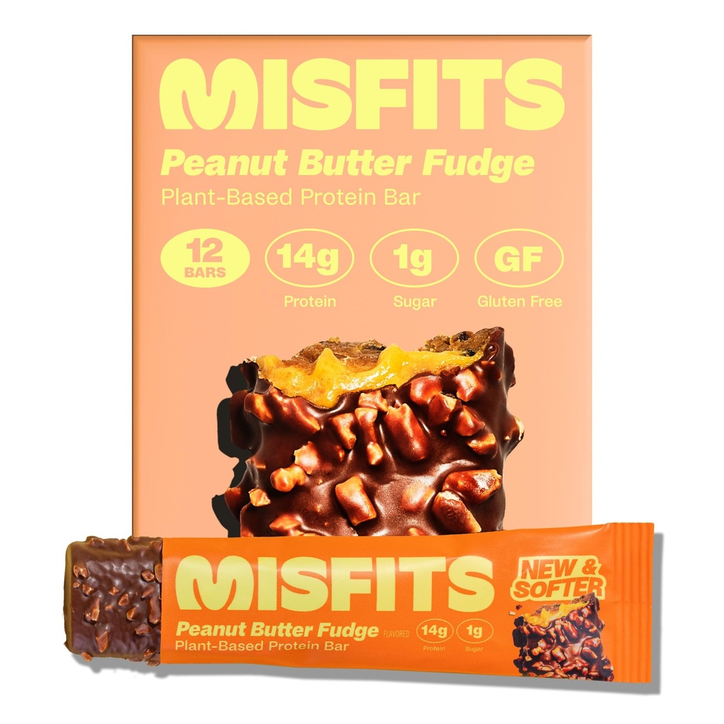 Misfits Vegan Protein Bars - Peanut Butter Fudge | Nutrition Bars - 14g Protein, 1g Sugar, Plant-based, Low Carb, Non-GMO, Gluten Free Snacks | Pack of 12