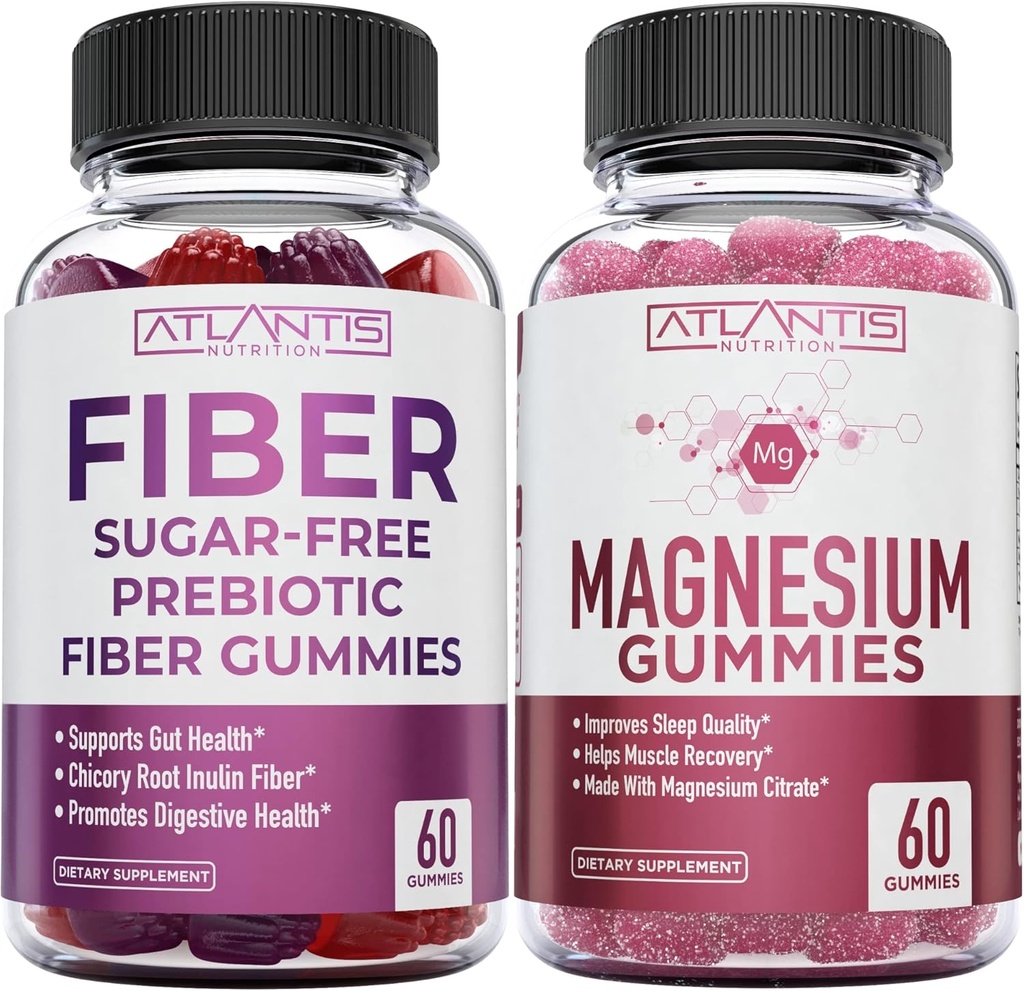Atlantis Nutrition Gommies de fibres prébiotiques sans sucre pour adultes 2-pack (120 Gommies) + Gommies de magnésium - 770 MG Citrate de magnésium 60 Gommies