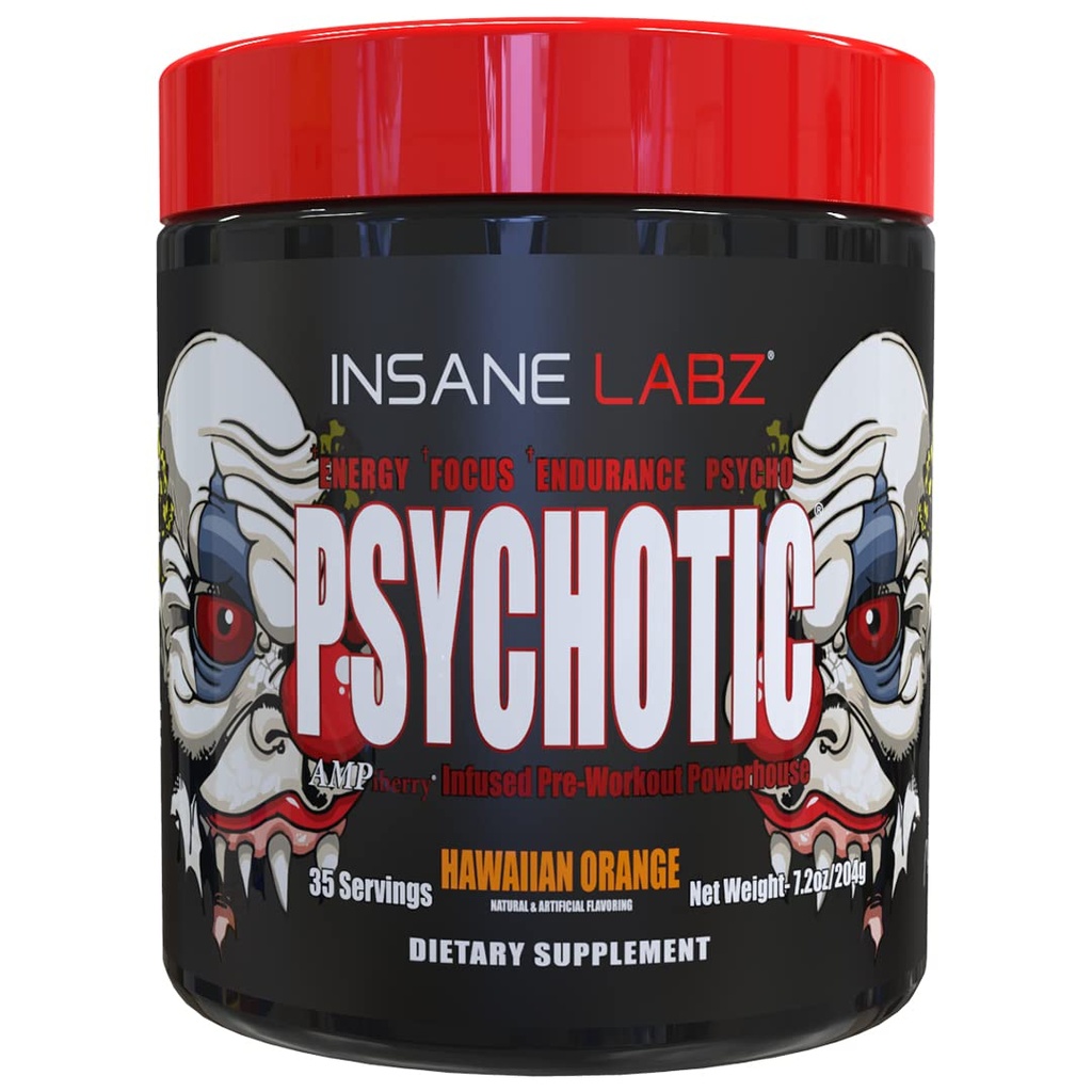 Insane Labz Psychotic, High Stimulant Pre Workout Powder, Extreme Lasting Energy, Focus and Endurance with Beta Alanine, Creatine Monohydrate DMAE, 35 Srvgs (Hawaiian Orange)