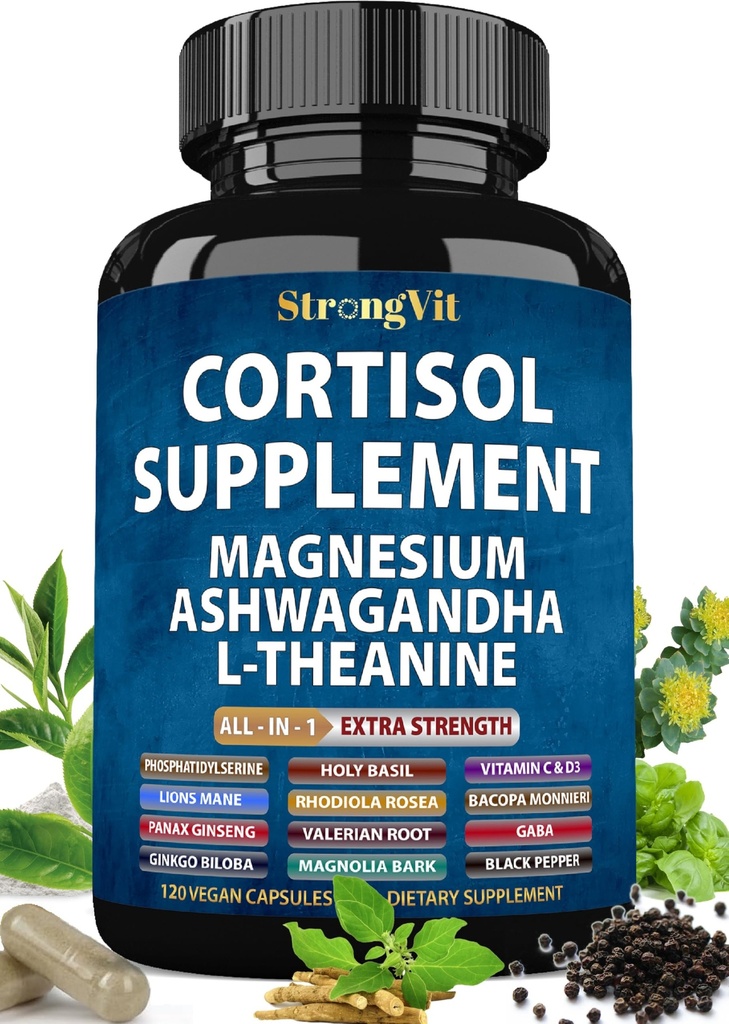 StrongVit Cortisol Supplements for Women and Men with Magnesium, Ashwagandha & L-Theanine. High Cortisol Reducer, Manager, Detox, Lower and Control. Sleep Support & Stress Relief, USA (120 Capsules)