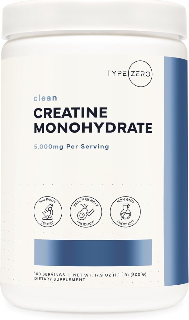 Type Zéro poudre monohydratée de créatine (non aromatisée) 500g, 5000 mg par portion, micronisé, Zéro sucre, Keto Friendly & Gluten Free, 100 portions
