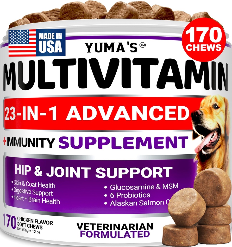 Multivitamine de chien à croquer avec de la glucosamine - Vitamines et suppléments de chien - 170 Treats - Multivitamine de chien et de chien pour chiens - Soutien de hanche et d'articulation - Santé immunitaire, peau, coeur, digestion, probiotiques