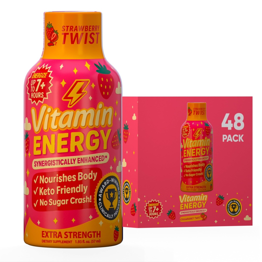 Vitamin Energy Immune+ Extra Strength Energy Shot Strawberry Twist 48 Pack, 260mg Natural Caffeine, B-Vitamins, Citicoline, Green Tea, Immunity & Focus Support, Zero Sugar, Gluten-Free 1.93 fl oz