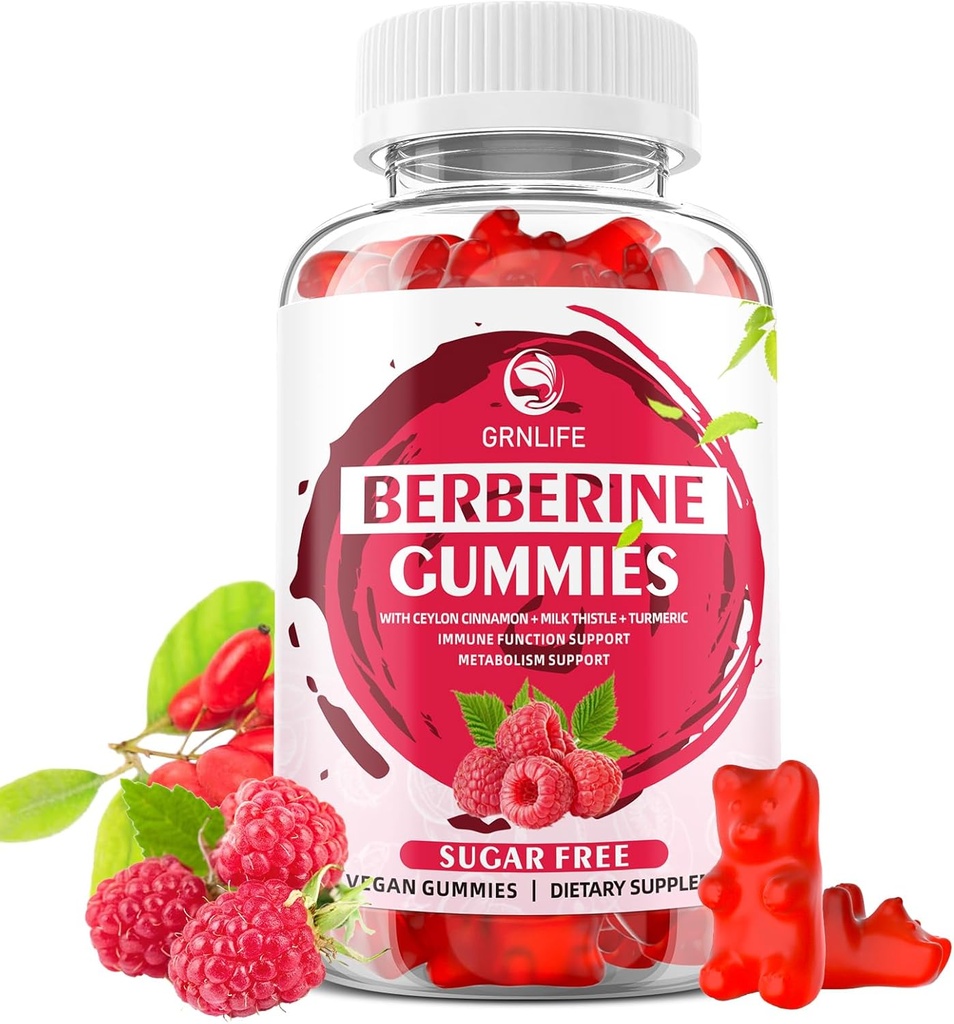 Gommies berbères avec Ceylan Cinnamon 1500mg supplément de haute puissance Berberine HCL pour le soutien immunitaire et métabolique, sans sucre, framboise parfum - 60 comte