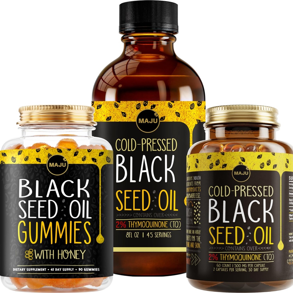 Maju Superfoods Huile de graines noires 3-en-1 Bundle, Gommies, Capsules, & Liquide