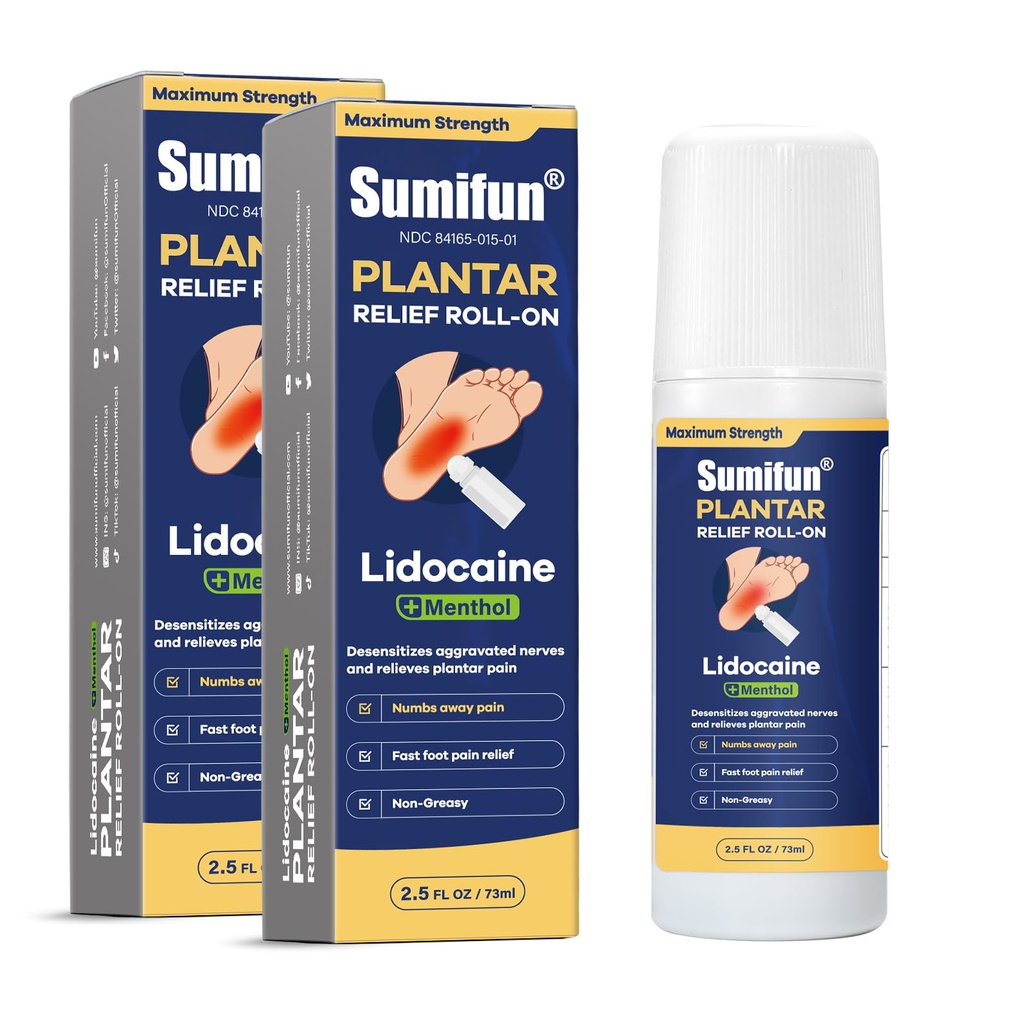 Sumifun Plantar Fasciitis Relief Roll-On | 4% Lidocaine & 1% Menthol for Fast Numbing & Soothing Heat | 8-Hour Non-Greasy, No-Mess Application | 2.5 Fl Oz X 2