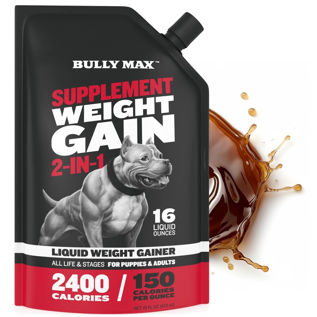Gaineur de poids liquide Bully Max pour chiens – Supplément de chien riche en calories avec Omega-3 et protéines de lactosérum – Multivitamine 2-en-1 pour gain de poids sain – pour chiots et chiens adultes – 16 oz