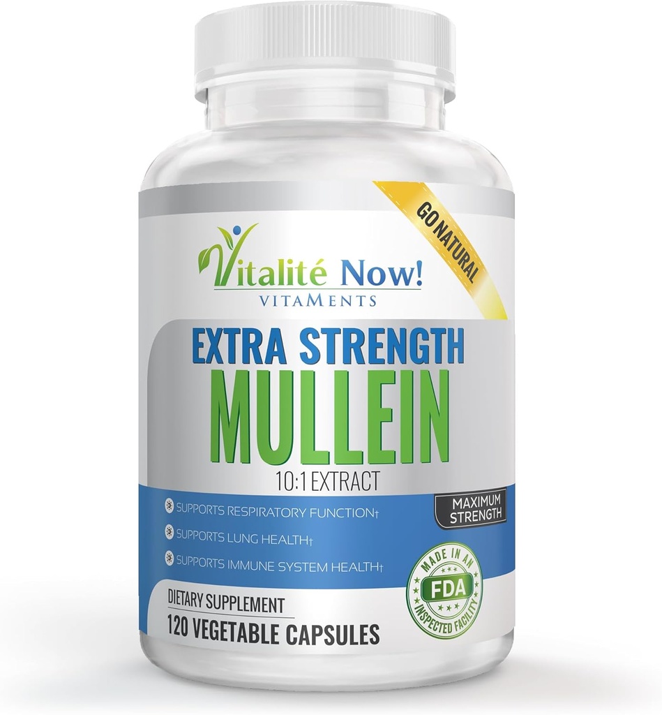 Extra Strength Mullein Capsules 10:1 Extrait, Santé respiratoire et immunitaire, Lung Cleanse, 100% Herbe entière pure, sans gluten, sans OGM, 120 Compte, 4 mois d'approvisionnement, Fabriqué aux États-Unis