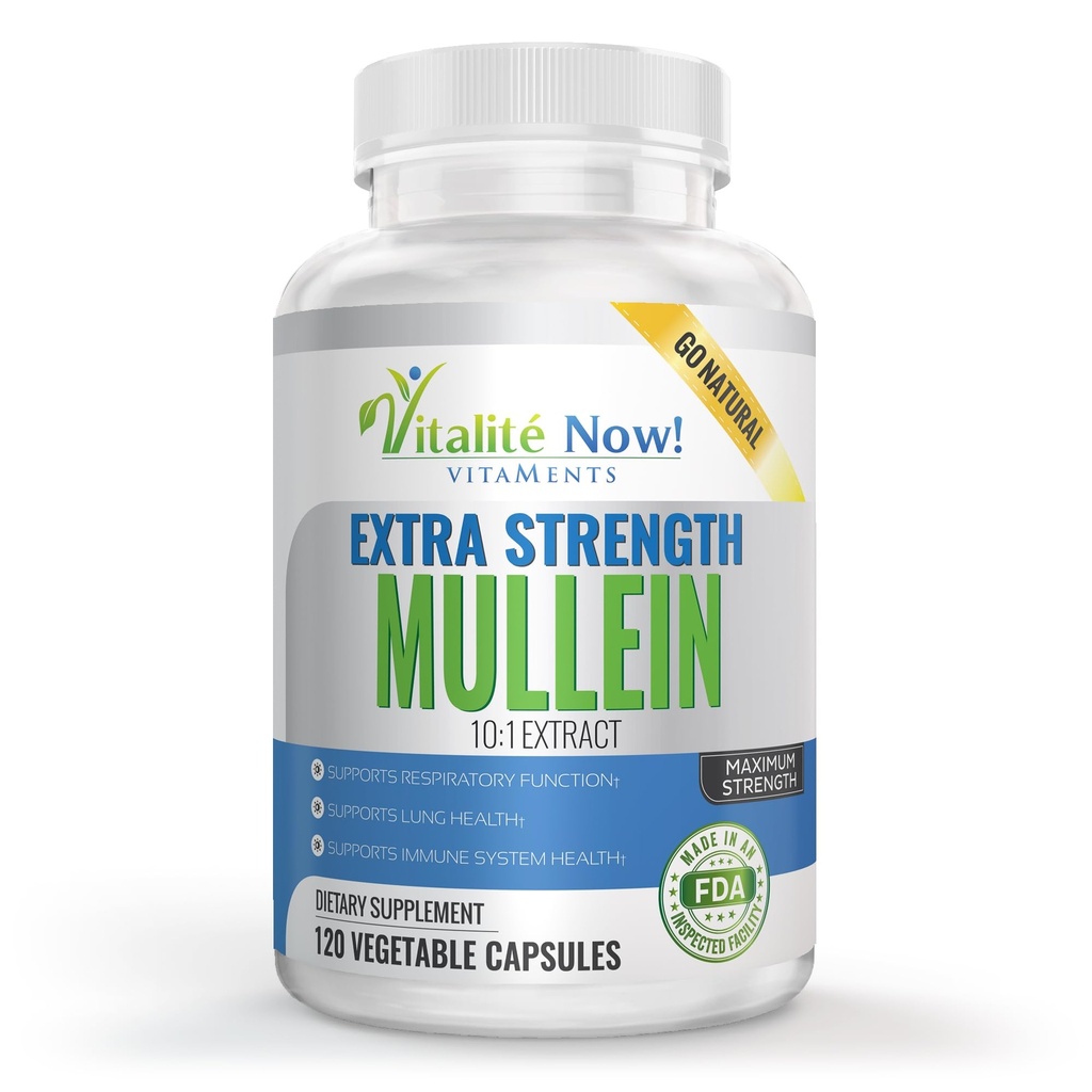 Extra Strength Mullein Capsules 10:1 Extrait, Santé respiratoire et immunitaire, Lung Cleanse, 100% Herbe entière pure, sans gluten, sans OGM, 120 Compte, 4 mois d'approvisionnement, Fabriqué aux États-Unis