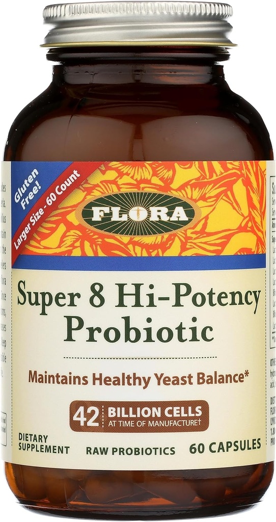 Flora - Super 8 Probiotique Hi-Potenance - Probiotique quotidien pour la santé gustative et digestive - 42 Million UFC - Contient Lactobacillus & Bifidobacterium Fraises - Gardez refroidi - 60 Capsules